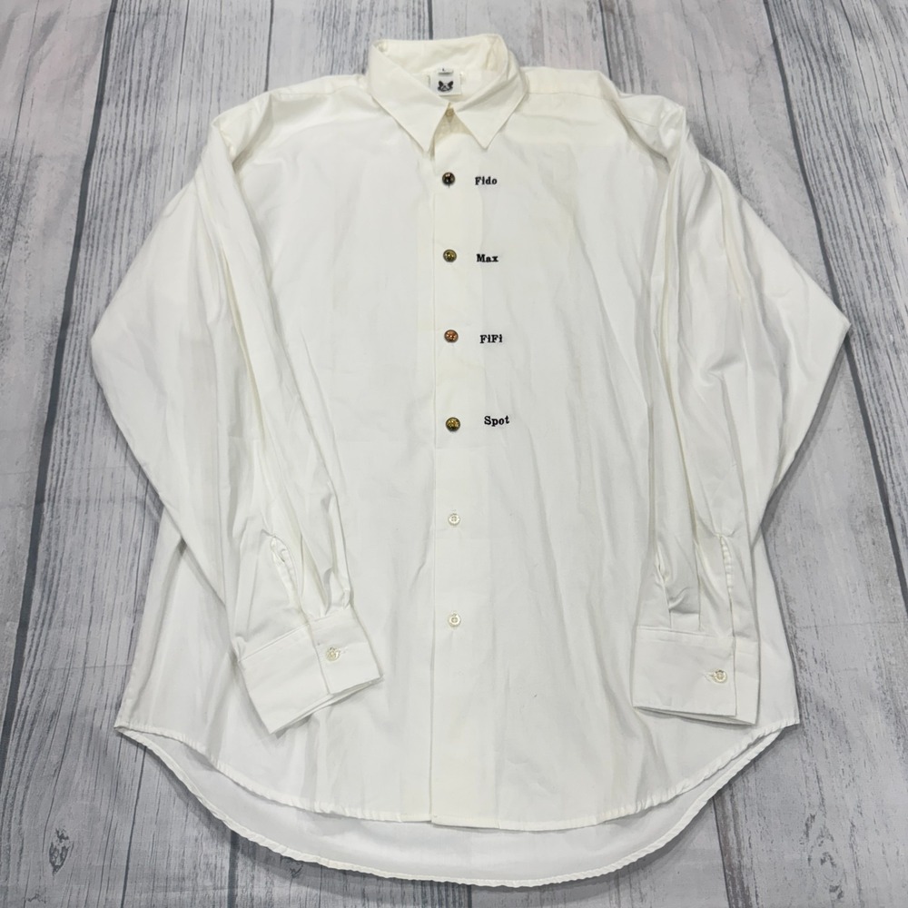 HEY MAX! Button Shirt L Large Dog Names Fido Max Fifi‎ Spot Mens White Cotton